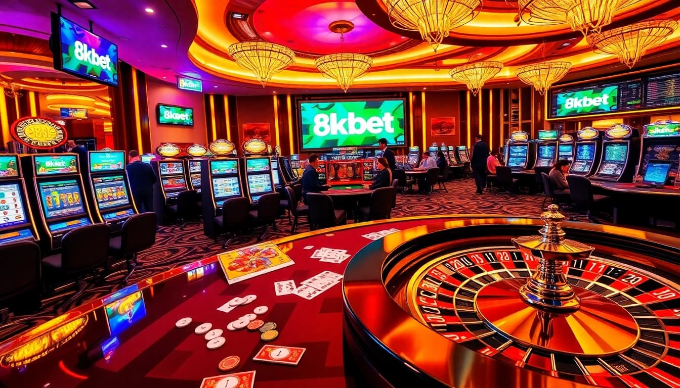 Excited players enjoying casino games at 8kbet in a vibrant and luxurious setting