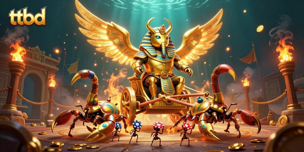 Experience thrilling gaming action with ttbd, featuring a golden scarab beetle and dynamic casino elements.