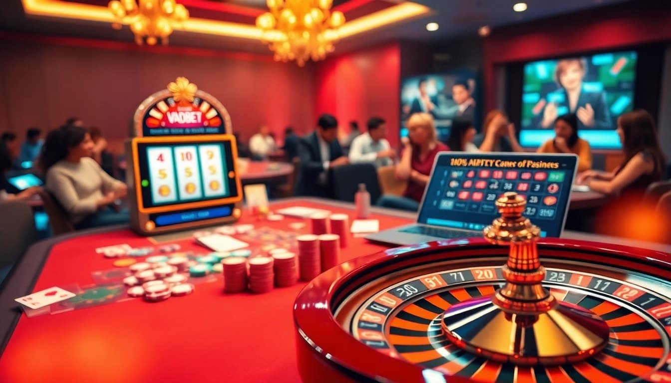 Win big with Vaobet at an elegant casino table featuring vibrant chips and an exciting atmosphere.