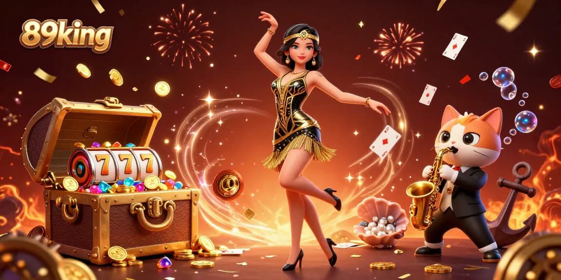 Experience the thrill of 89king with an engaging casino-themed digital illustration showcasing fun characters and iconic elements.
