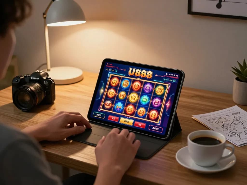 Player engaging with U888 online slots on tablet in a cozy home environment