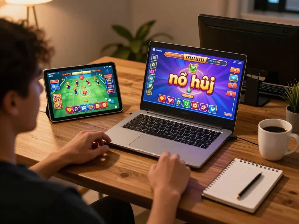 Engaging in nổ hũ gameplay on a stylish laptop at home, showcasing online slots interface and cozy atmosphere.