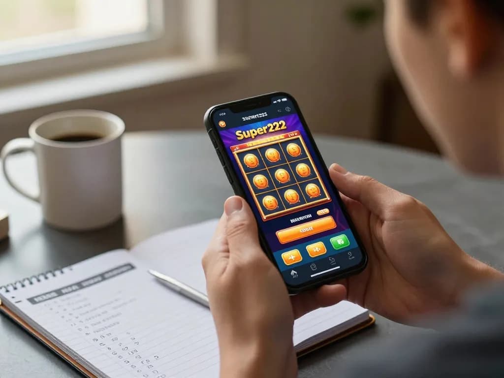 Player engages with Super222 casino app on smartphone, showcasing vibrant slot games and strategies.