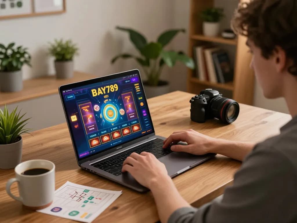 Engaging in strategic gameplay on Bay789 with a laptop in a cozy home setting