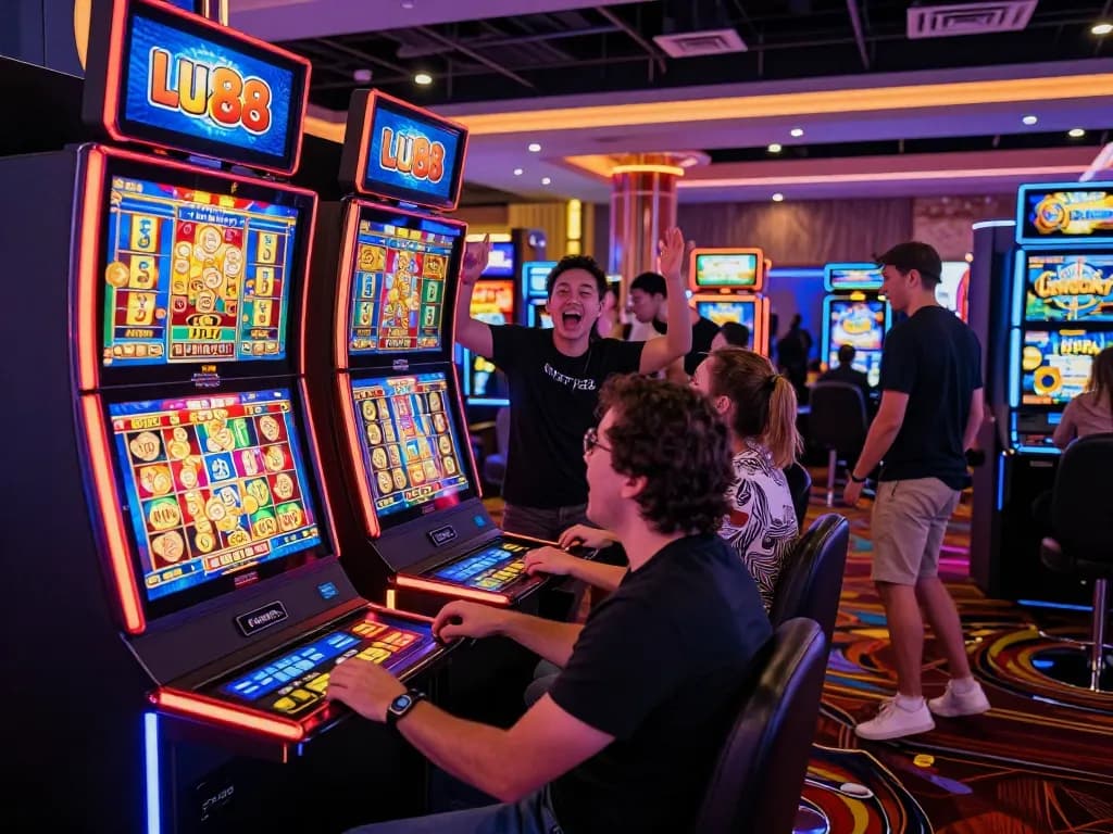 Exciting lucky88 slot machine gaming scene with cheerful players celebrating wins.