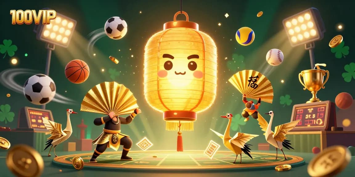 Experience the captivating allure of 100VIP, adorned with golden lanterns and dynamic sports elements in an extravagant gambling scene.