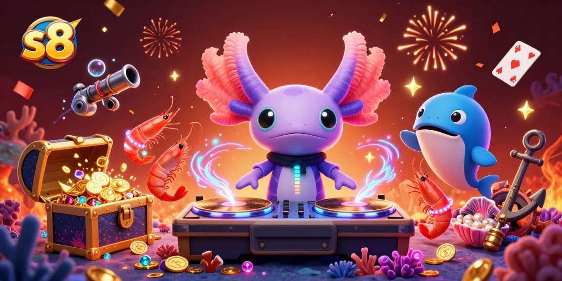 Engage in exciting gameplay at s8, featuring a neon axolotl DJ and colorful casino elements.