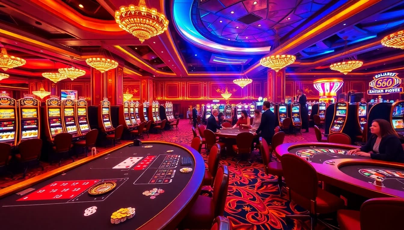 Players engaging in thrilling games at the luxurious MB66 casino, enjoying poker and roulette.