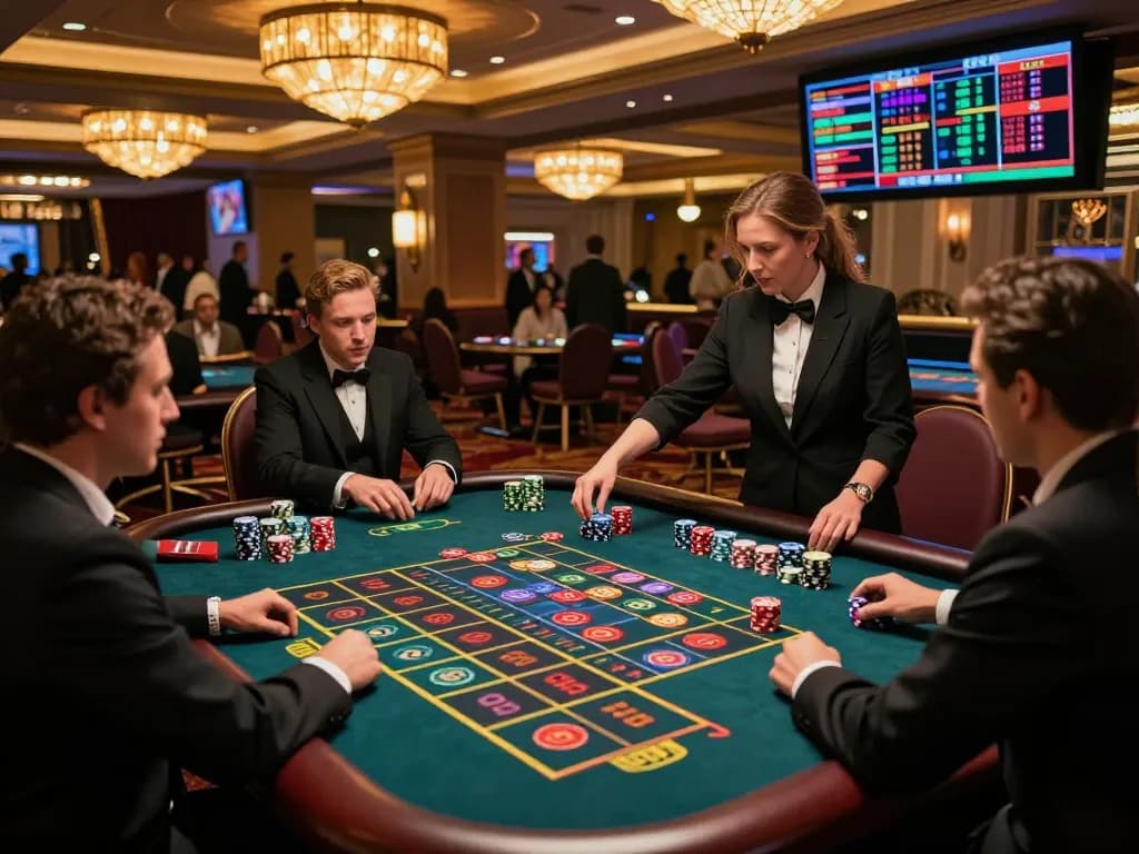 Sunwin players engaging at a roulette table, vibrant scene showcasing betting excitement and strategic gameplay.