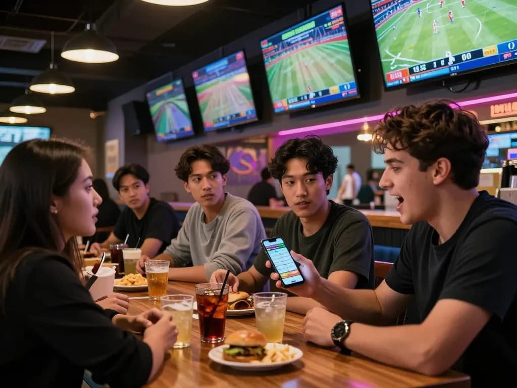 Excited patrons placing bets on fly88 sports app in a vibrant bar atmosphere