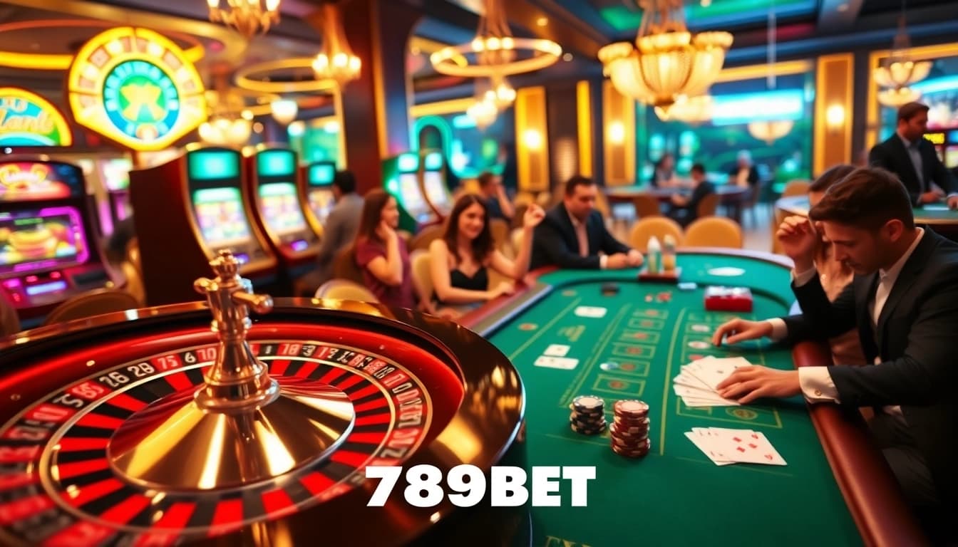 Excited players enjoying a vibrant casino scene featuring 789BET roulette and blackjack games.