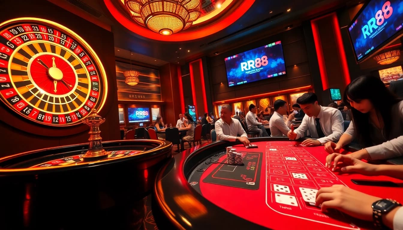 Experience the thrill of gambling at RR88 with a luxurious casino scene featuring live gameplay.