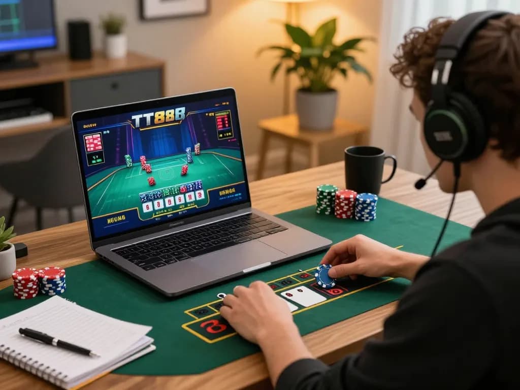 Engaged player strategizing with TT888 in a cozy home office during live dealer blackjack.