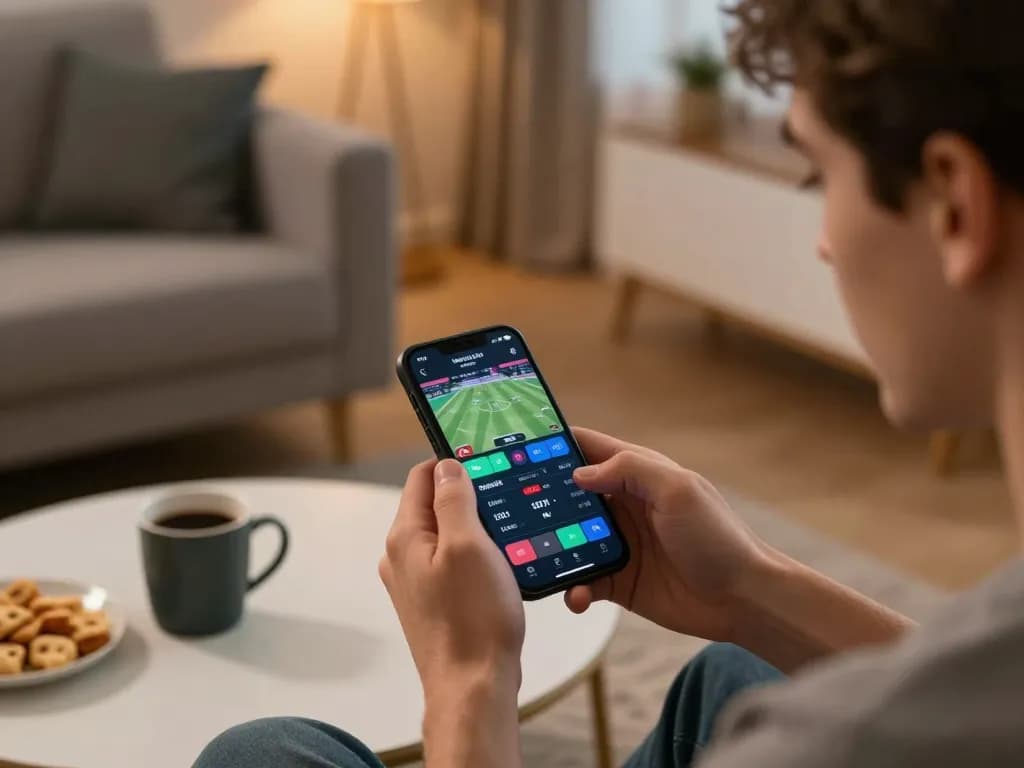 Winbd user placing a bet on a smartphone, highlighting exciting live sports betting options in a cozy home setting.