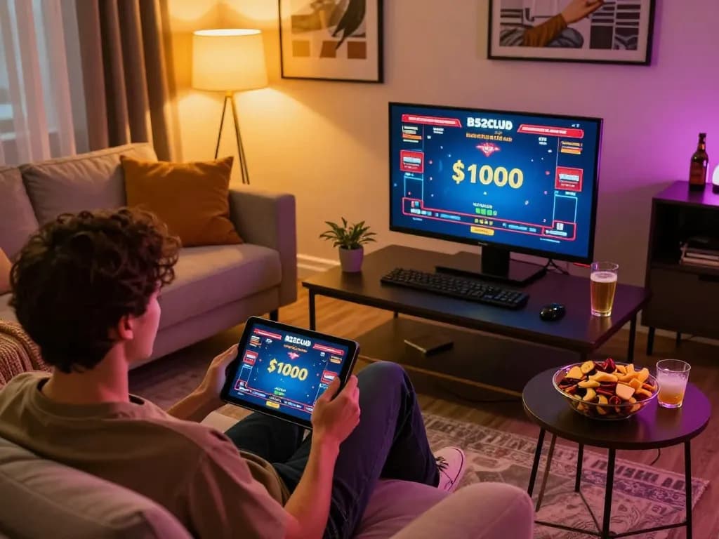 Engaging with B52club live dealer games on a tablet in a cozy setting, showcasing strategic play.