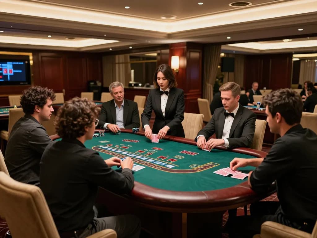Players engaging in blackjack at u888's upscale casino with a professional dealer.