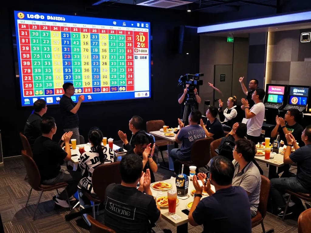 Live 9 Lotto 4D draw, crowds viewing results on screens, celebrating winnings at https://9lotto4d.app/
