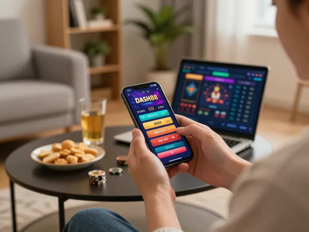 Engage in fast-paced gaming using the dash88 app in a cozy home environment with snacks and a laptop.
