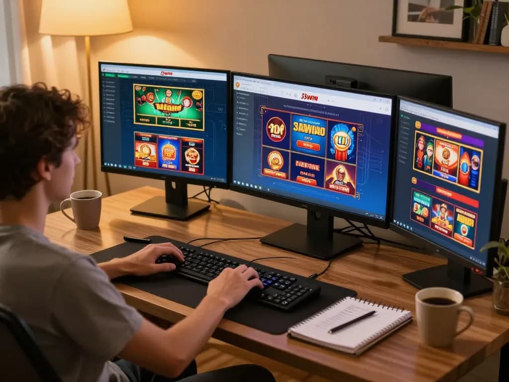 Player exploring 33win casino app on multiple screens from a stylish home office.