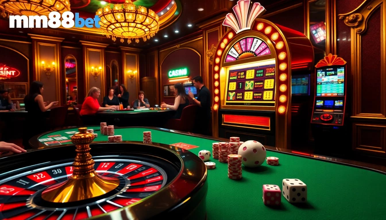 Excited players enjoying the thrill of mm88bet at a luxurious casino table with roulette and poker chips.