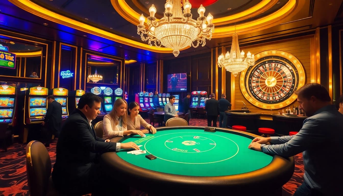 A vibrant scene of B52Club featuring a poker table, slot machines, and roulette wheel in an upscale casino atmosphere.