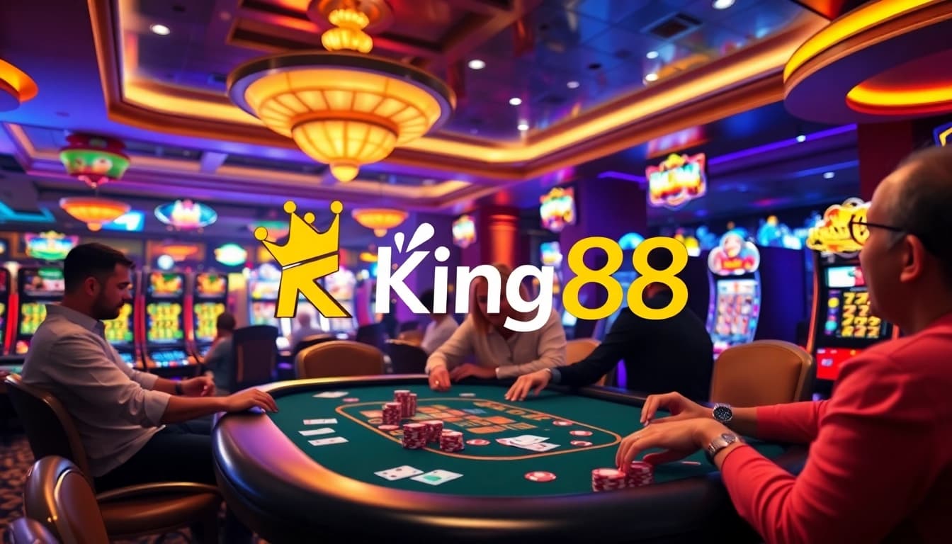 Players enjoying poker at King88 casino, surrounded by colorful chips and vibrant slot machines.