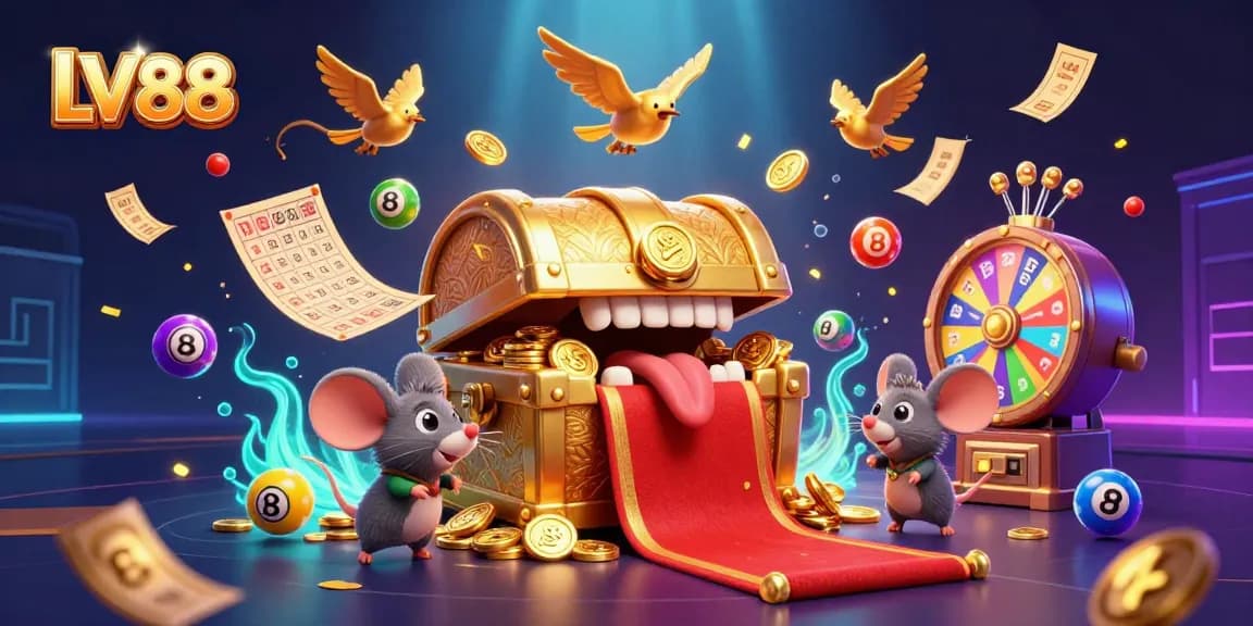 Experience the thrill of LV88 with vibrant numbers and golden treasures in this casino-themed illustration.