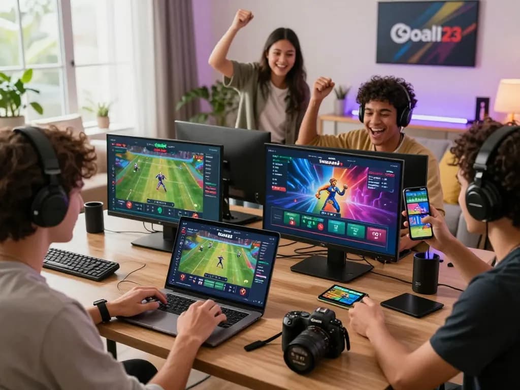 Players engaging with the Goal123 platform in a vibrant gaming scene, showcasing the excitement of online betting and gaming.