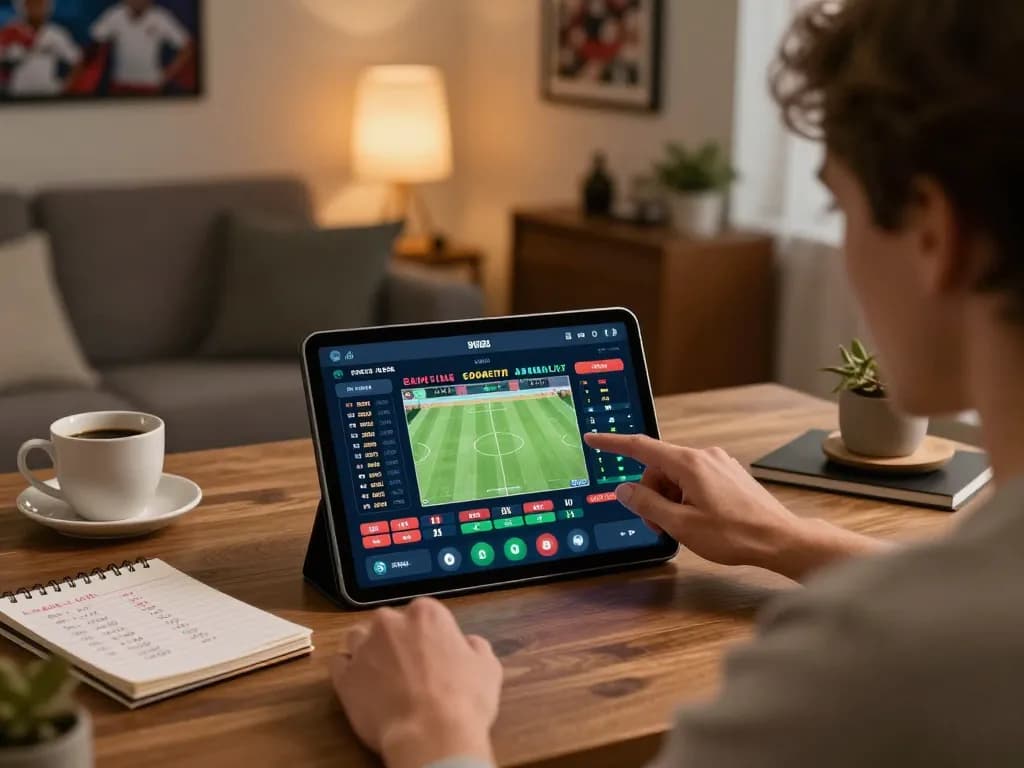 Engaging in sports betting with vk88 app on a tablet in a cozy home office