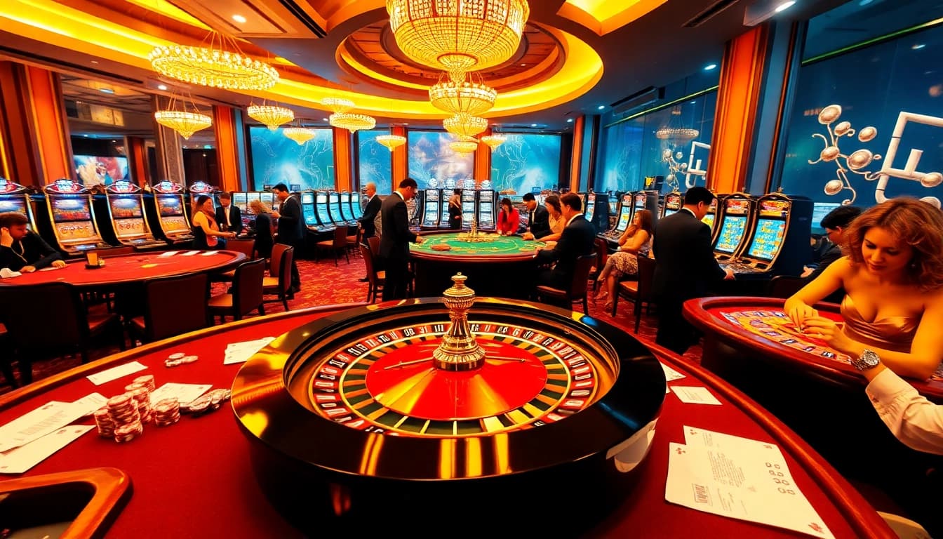 Players engaging in thrilling casino action at https://98win9.bid/ with poker chips and roulette.