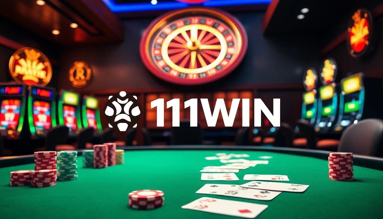 Experience the excitement of online gambling with 11WIN's luxurious casino atmosphere showcasing vibrant poker tables and slot machines.