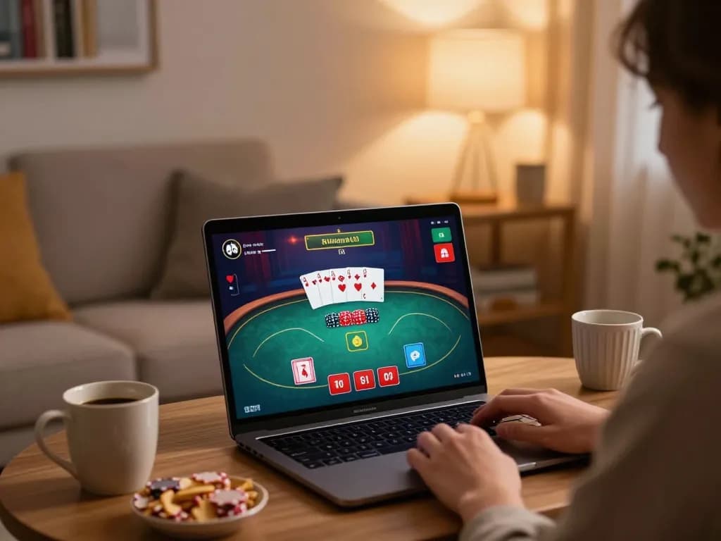 sin888 player strategizing on a laptop poker game, cozy home setting, enhancing responsible gambling.
