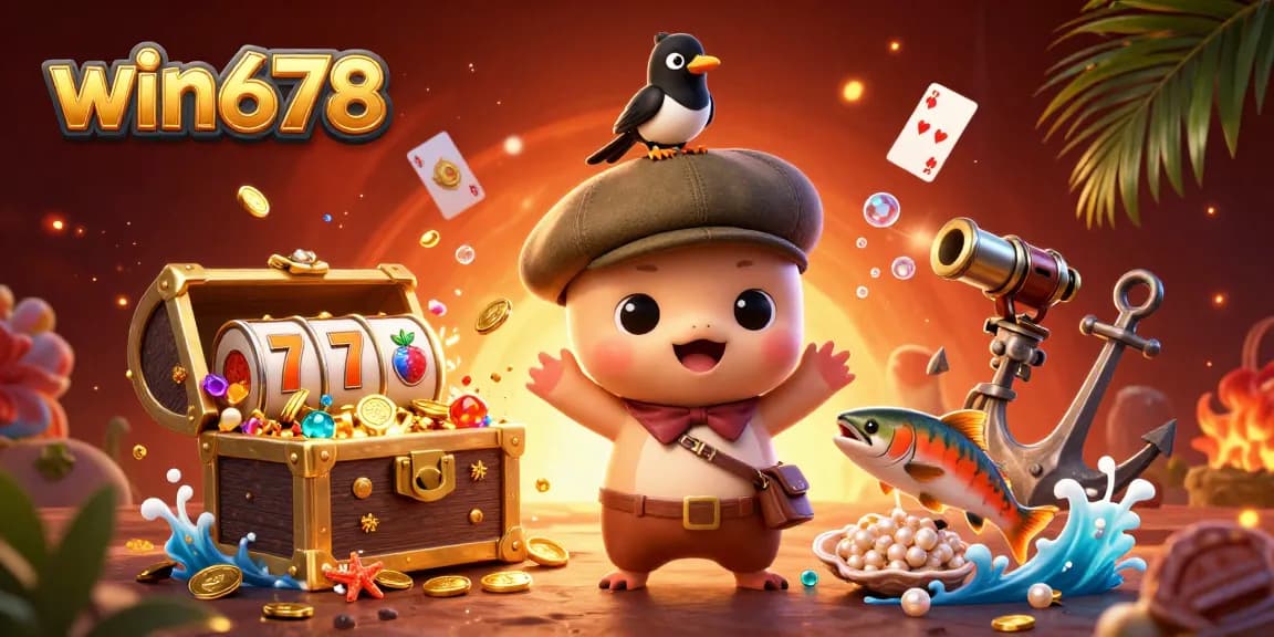 Win678 showcases playful characters in a vibrant casino scene with slot reels and treasure.