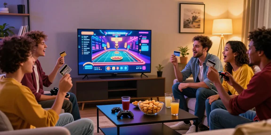 Friends enjoying the best credit card casinos while gaming online together in a cozy living room.