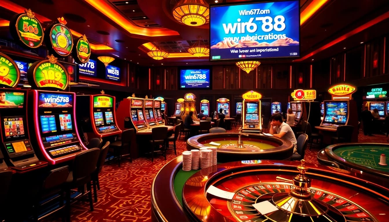 Engage with the excitement of win678 com at a vibrant casino, featuring slot machines and betting tables.