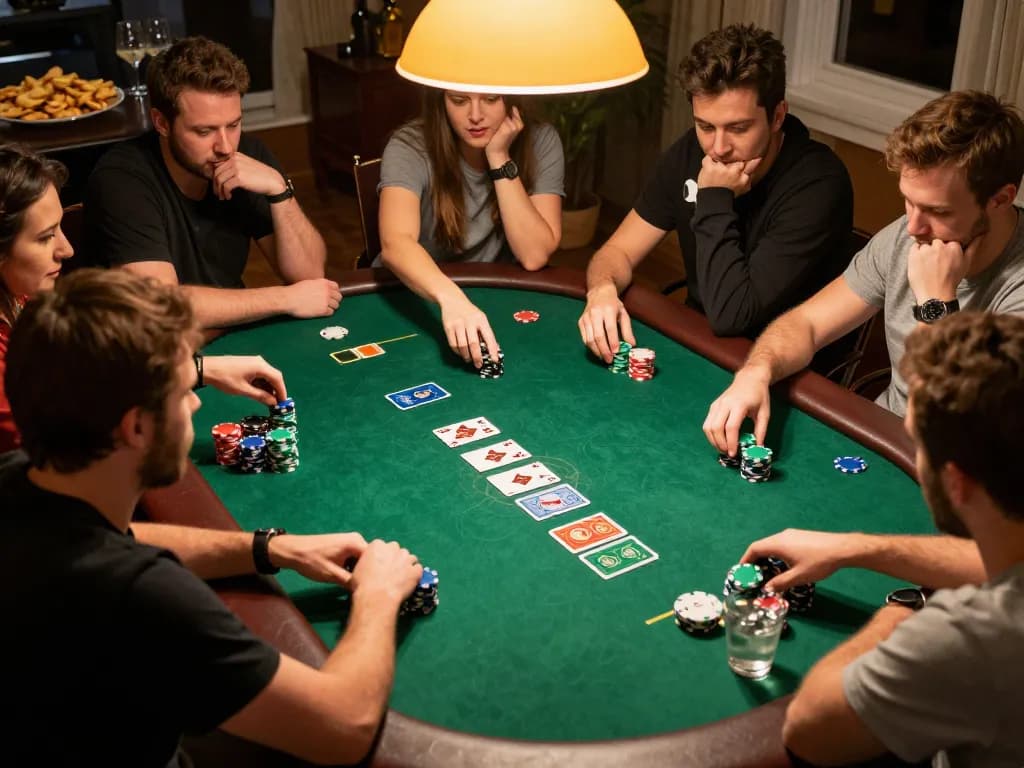 Players strategizing during a poker game at home, showcasing vibrant chips and focused expressions, featuring https://max88sss.com/ as a resource.