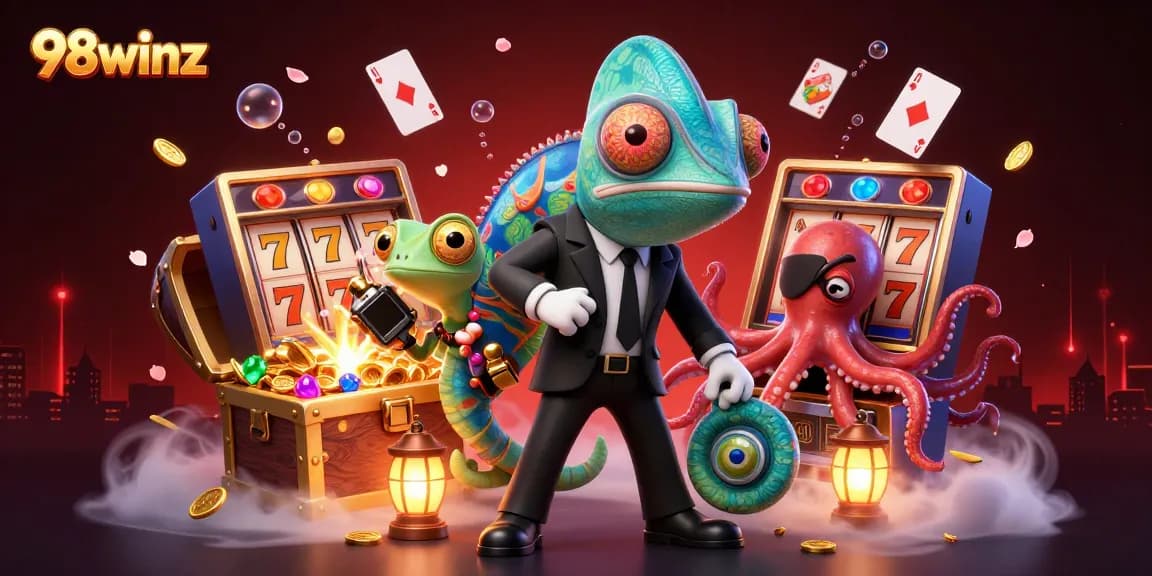 Experience thrilling gameplay at 98winz, featuring colorful slot reels and treasures bursting with excitement.