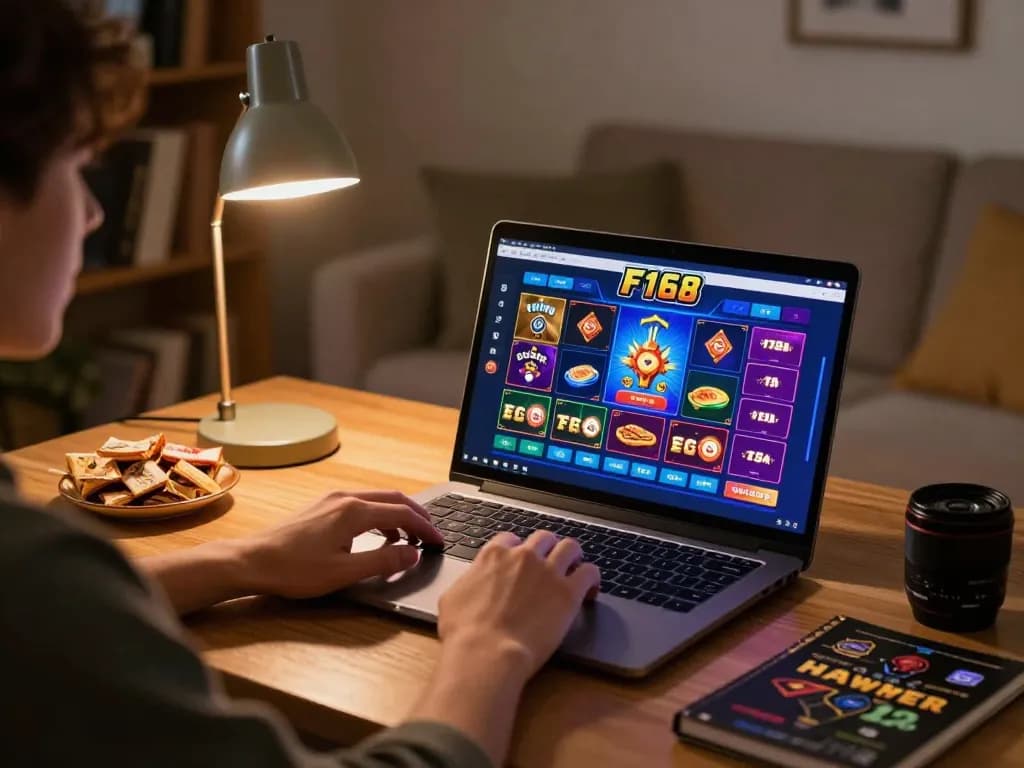 Engaging with F168 casino games from a cozy home setting, showcasing online gambling experience.