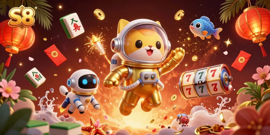 S8 players experience exciting slots and jackpots illustrated with a space cat and a dog surrounded by casino elements.