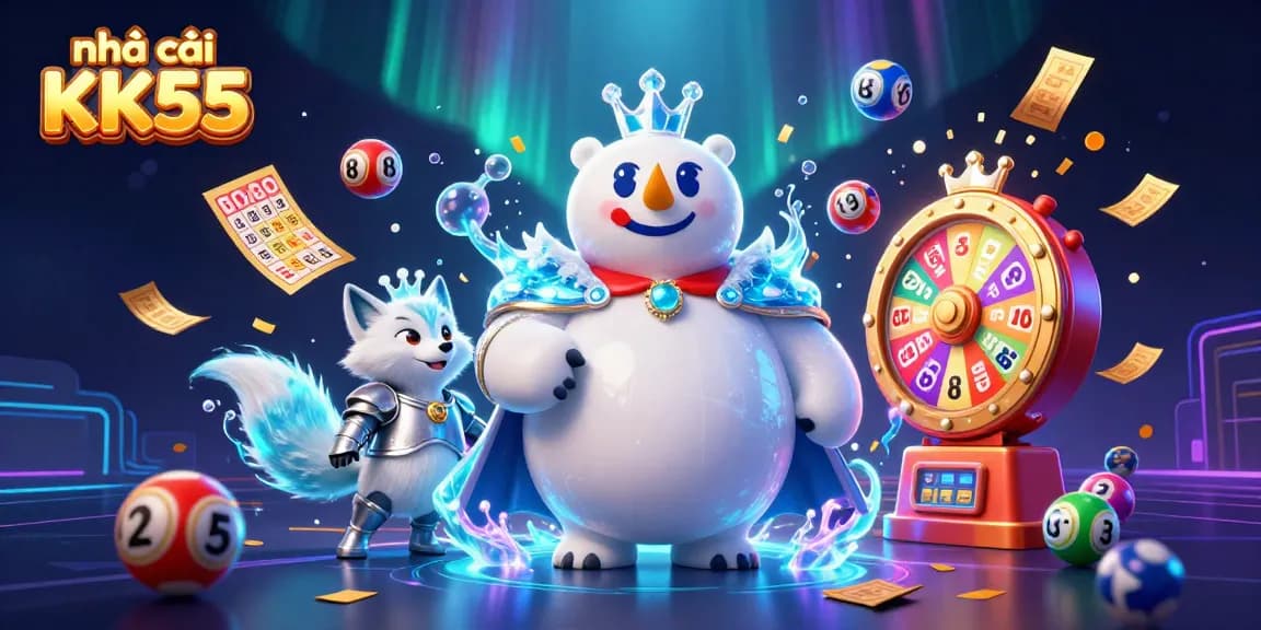 Engage with nhà cái KK55's vibrant casino scene featuring lively lottery balls and energetic characters.