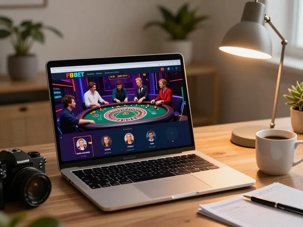 F8BET online casino setup with engaging gameplay on laptop in cozy home setting