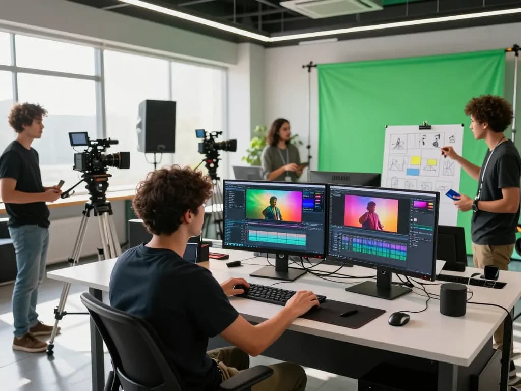 Filmmakers collaborating on Seedance 2.0 platform in a modern studio, showcasing advanced video production technology.