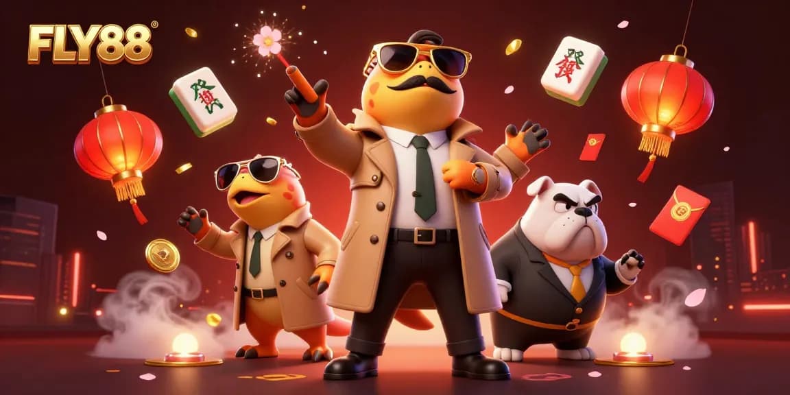 FLY88 presents a vibrant casino scene with cartoon raptors sneaking into a VIP lounge.