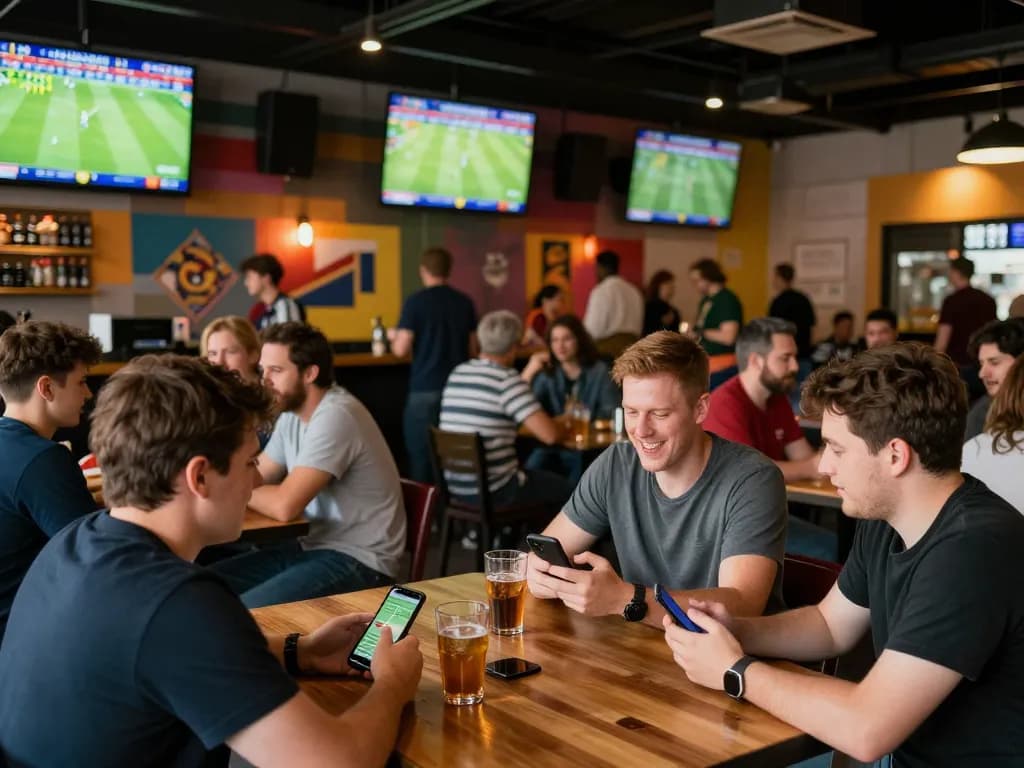 Tỷ lệ kèo nhà cái hôm nay and fans engaging in live sports betting at a social bar atmosphere