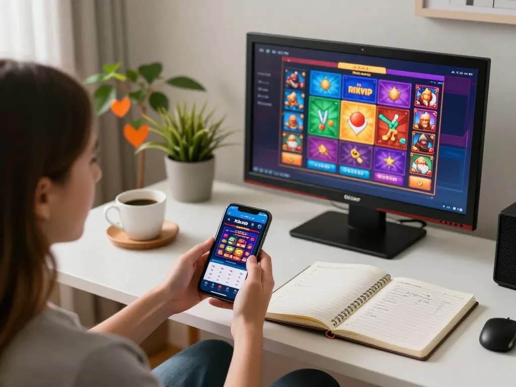 Person engaging with the rikvip casino app on a smartphone in a cozy home gaming environment