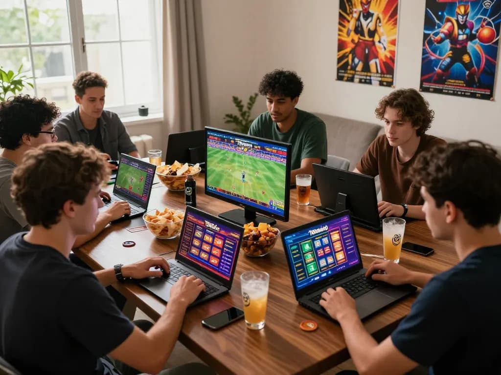 Group of friends enjoying online betting on 789win.com with festive snacks and vibrant screens in a lively atmosphere.