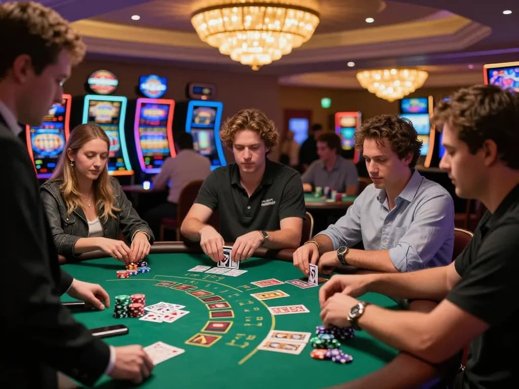 Engaged players at https://cm88seo.com/ blackjack table experiencing high-stakes action in a vibrant casino atmosphere.