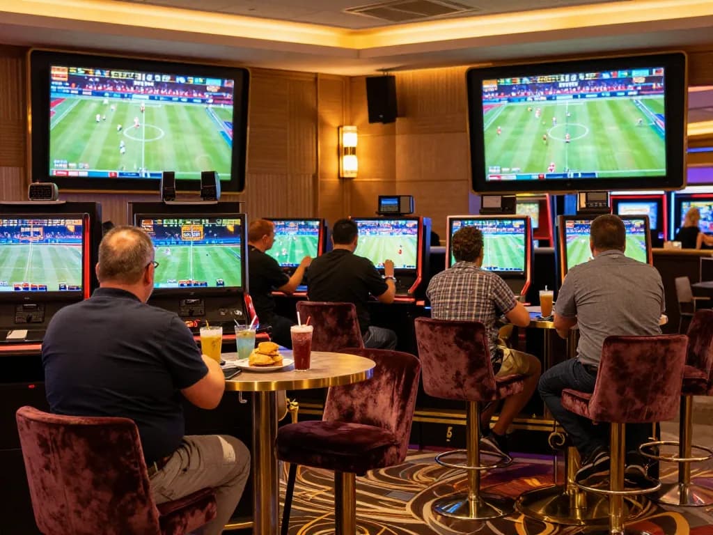 Patrons making bets at UU88's sleek sports betting lounge showcasing live events
