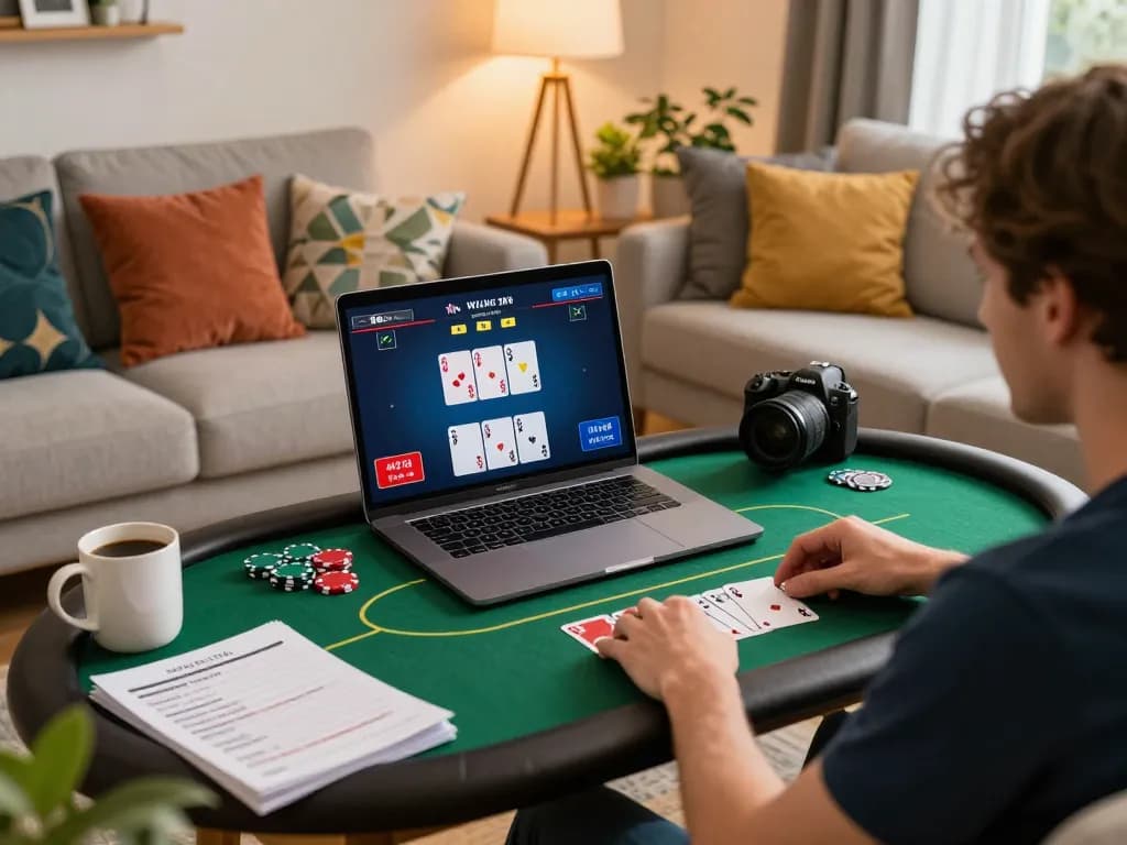 Engaging in an online kubet88 poker session at home, showcasing a dynamic gaming atmosphere.