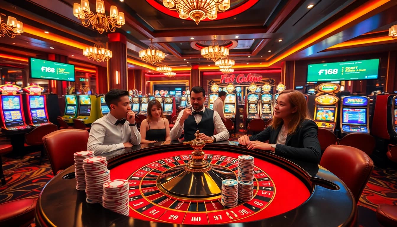 A dynamic gaming scene at F168 nhà cái showcasing a roulette table and vibrant slot machines in a luxurious casino setting.